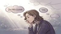 우울증 관련 영어 표현 배우기: 'Depression', 'The Blues' 등 영어 단어와 함께 생각에 잠긴 사람을 보여주는 일러스트 썸네일.