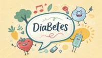 당뇨 관련 필수 영어 표현 배우기: 'Diabetes' 단어가 적힌 말풍선과 영어 사전 아이콘 썸네일 이미지