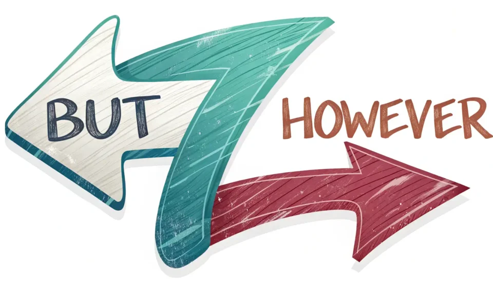 서로 다른 방향과 모양의 화살표와 돋보기 아이콘이 'But'과 'Yet'의 미묘한 차이와 영어 대립 표현 학습을 시각적으로 나타냅니다.