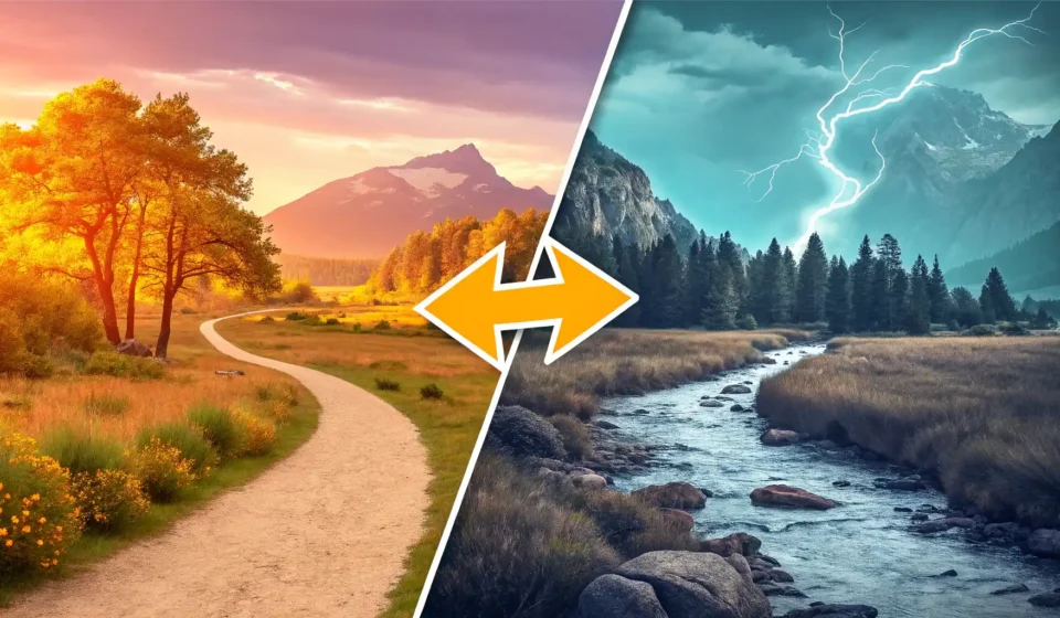 열린 문으로 들어가는 화살표와 방 안에 있는 사람을 나란히 보여주며 영어 전치사 'in'과 'into'의 방향성 및 상태 차이를 시각적으로 표현한 이미지.