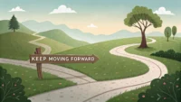 헷갈리는 영어 표현 'Keep up'과 'Keep on'의 차이를 시각적으로 보여주는 갈림길 이미지.