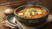 맛있는 된장국 한 그릇과 '수프', '맛', '주문'을 상징하는 아이콘이 그려진 영어 학습 플래시카드 이미지