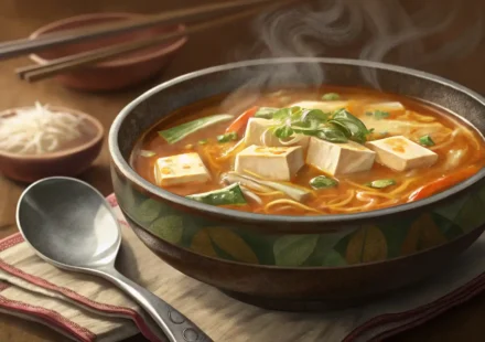 맛있는 된장국 한 그릇과 '수프', '맛', '주문'을 상징하는 아이콘이 그려진 영어 학습 플래시카드 이미지
