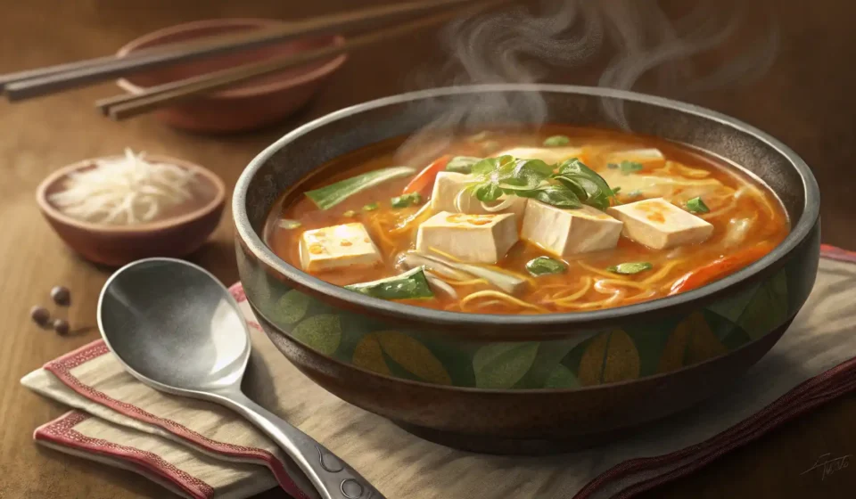 맛있는 된장국 한 그릇과 '수프', '맛', '주문'을 상징하는 아이콘이 그려진 영어 학습 플래시카드 이미지
