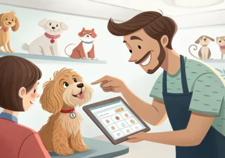 애견 미용사와 강아지 주인이 스타일 상담을 하는 모습과 귀여운 푸들 일러스트