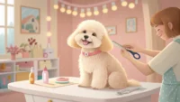 애견 미용사가 강아지 피부 상태를 확인하는 모습과 영어 대화 학습을 상징하는 말풍선 아이콘.