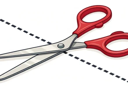 가위가 점선을 따라 자르는 모습과 영어 학습 아이콘이 있는 이미지, '점선' 영어 표현 배우기.