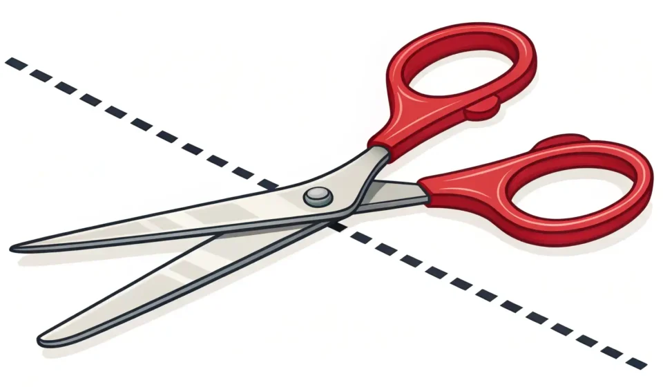 가위가 점선을 따라 자르는 모습과 영어 학습 아이콘이 있는 이미지, '점선' 영어 표현 배우기.