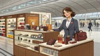 공항 면세점 직원이 고객에게 영어로 상품을 안내하는 상황을 나타내는 일러스트, 영어 회화 표현 학습용 이미지.