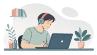 노트북과 헤드폰으로 온라인 학습(이러닝)을 통해 영어를 배우는 모습을 상징하는 일러스트 이미지