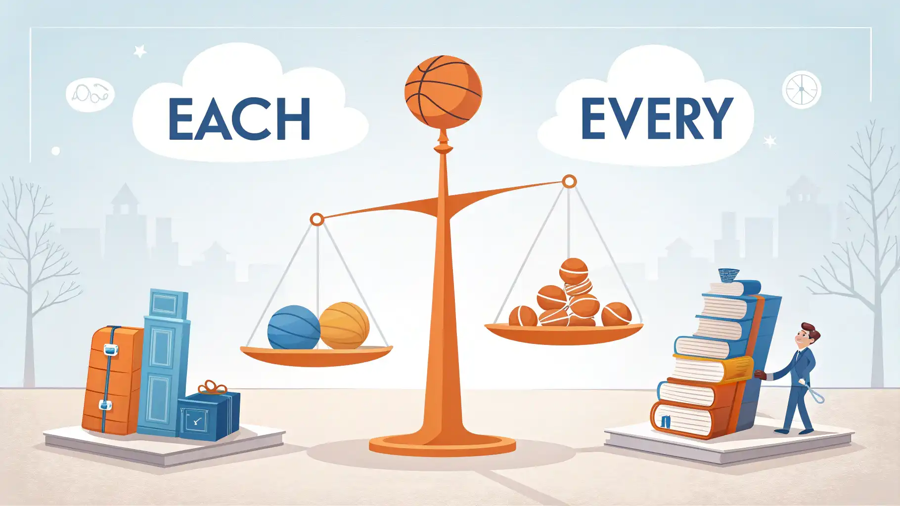 영어 단어 Each와 Every의 차이를 시각적으로 보여주는 이미지. 왼쪽에는 'Each'와 개별 아이콘, 오른쪽에는 'Every'와 그룹 아이콘이 있어 개별과 전체 강조의 차이를...