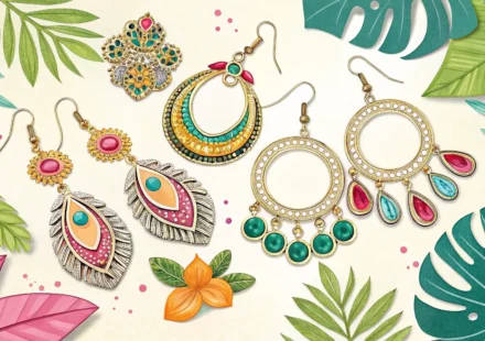 다양한 종류의 귀걸이와 영어 학습을 상징하는 아이콘이 함께 놓여있는 이미지