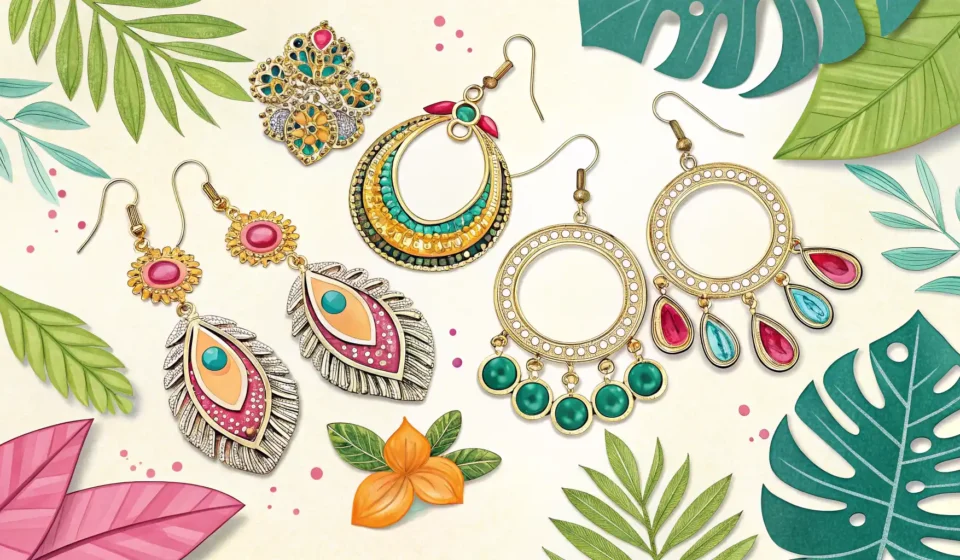 다양한 종류의 귀걸이와 영어 학습을 상징하는 아이콘이 함께 놓여있는 이미지