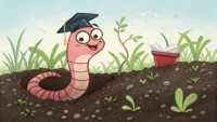 영어 단어 'Earthworm' 학습을 상징하는, 학사모를 쓴 귀여운 지렁이 캐릭터 일러스트 썸네일