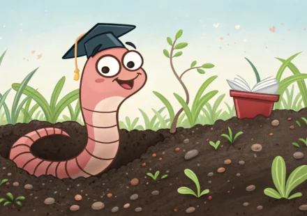 영어 단어 'Earthworm' 학습을 상징하는, 학사모를 쓴 귀여운 지렁이 캐릭터 일러스트 썸네일