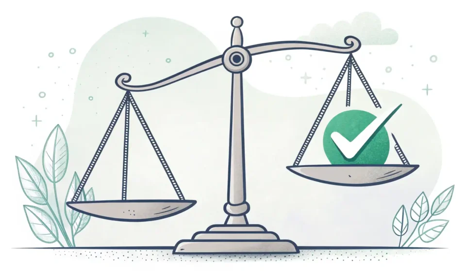 긍정 동의(녹색 체크 표시)와 부정 동의(빨간색 엑스 표시)를 비교하는 저울 아이콘 영어 표현 학습 썸네일