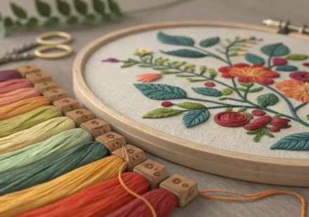 화려한 자수실과 바늘, 천 클로즈업