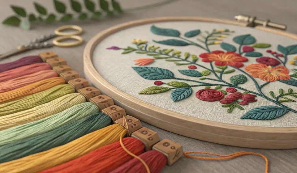 화려한 자수실과 바늘, 천 클로즈업