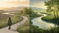 영어 단어 Along과 Beside의 차이를 시각적으로 보여주는 썸네일: 강길을 따라 걷는 모습(Along)과 나무 옆에 앉아있는 모습(Beside) 비교.