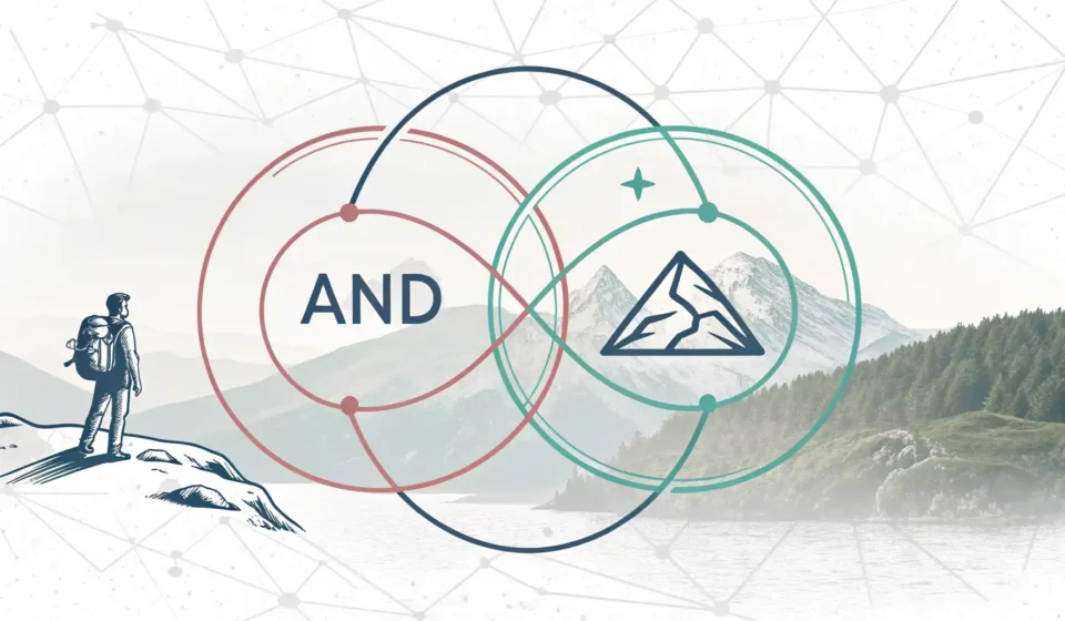 연결과 부가를 나타내는 추상적인 도형 이미지, 영어 표현 'And'와 'Plus'의 차이 및 활용법 설명.