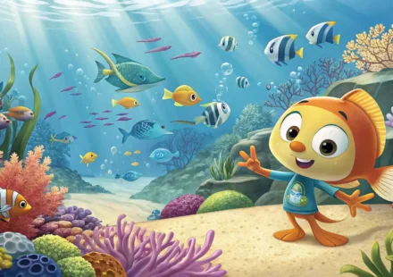 수족관에서 직원이 방문객에게 투어 시간 관련 정보를 안내하는 일러스트.