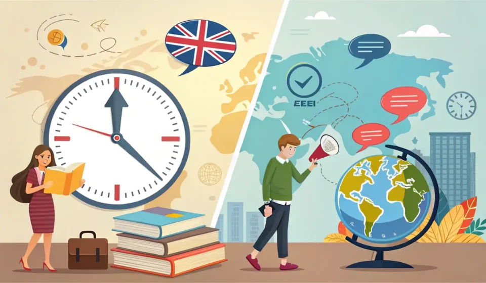 시간과 이유를 나타내는 영어 표현 As와 Since의 차이를 시각적으로 보여주는 이미지, 시계와 평행 화살표 아이콘 사용.