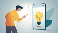 영어로 밝기 묻는 법: 스마트폰 밝기 조절하는 모습과 'Brightness?' 질문이 담긴 전구 아이콘 일러스트