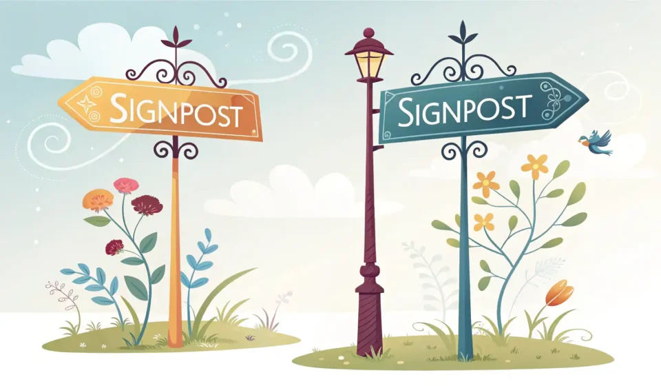 원인과 이유를 나타내는 영어 표현 'Because of'와 'On account of'의 뉘앙스 차이를 시각적으로 보여주는 두 개의 다른 표지판 이미지