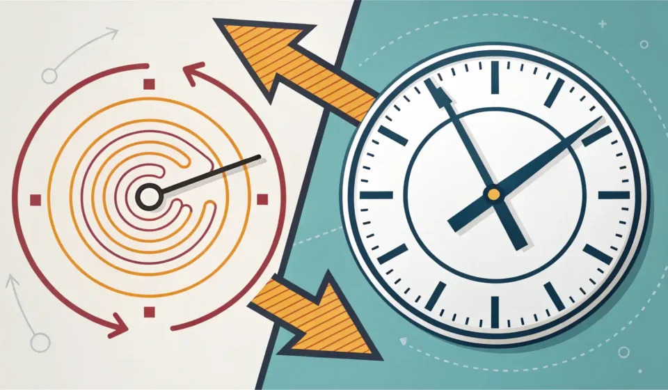 'Before now'와 'Earlier'의 미묘한 시간 차이를 시각적으로 나타내는 이미지, 영어 과거 시점 표현 학습용.