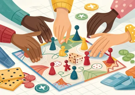 보드게임 카페에서 영어 표현을 배우는 것을 상징하는 보드게임 조각들과 대화 아이콘 일러스트