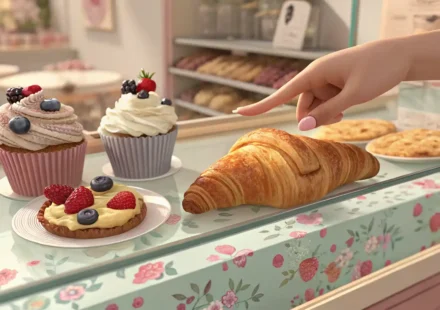 카페 카운터 유리 진열장 안의 맛있는 페이스트리를 손가락으로 가리키고 옆에 커피잔이 놓여있는 이미지 - 영어 회화 배우기