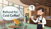 차가운 커피 환불 요청 관련 영어 표현 배우기 썸네일 이미지: 커피 아이콘 위로 'Refund for cold coffee?' 영어 문구가 적힌 말풍선이 떠 있는 모습.