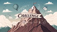 '도전'을 의미하는 산 정상 그래픽과 'Take on the challenge', 'Overcome obstacles' 등 관련 영어 표현이 담긴 말풍선들이 있는 영어 학습 썸네일...