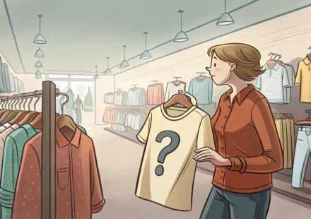 옷가게 카운터 앞에서 셔츠를 들고 환불을 고민하는 사람과 영어를 상징하는 아이콘 일러스트
