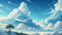파란 하늘에 떠 있는 다양한 구름 이미지 위로 'fluffy', 'wispy' 같은 영어 단어와 말풍선 아이콘이 떠 있어 구름 관련 영어 표현 학습을 나타내는 썸네일.