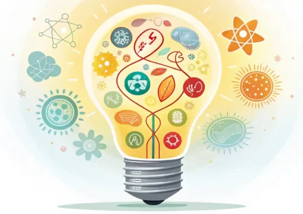 다양한 축하 상황 아이콘과 영어 학습을 상징하는 밝은 전구 및 노트 이미지