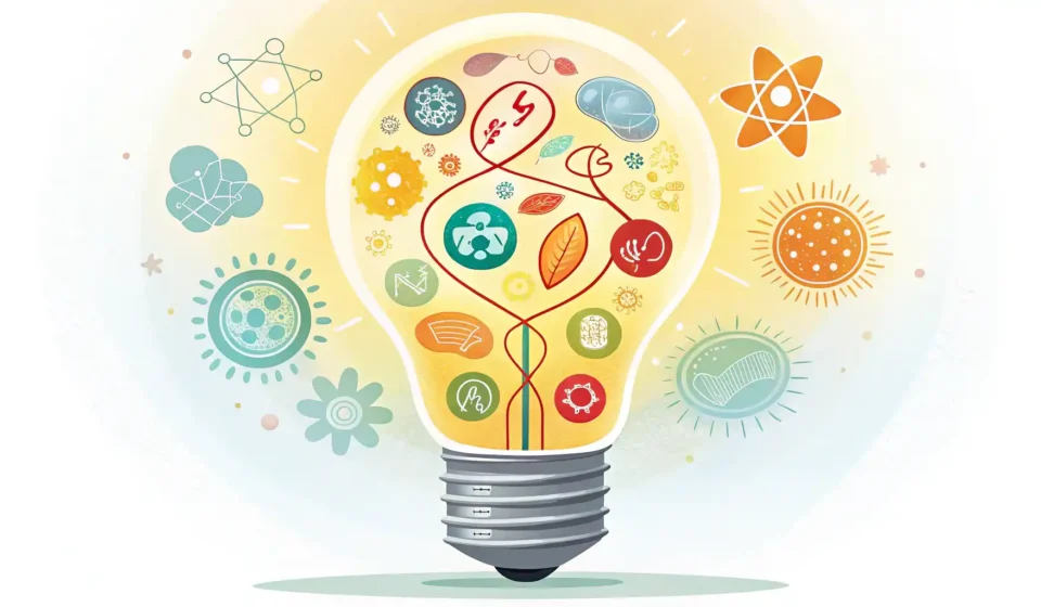 다양한 축하 상황 아이콘과 영어 학습을 상징하는 밝은 전구 및 노트 이미지