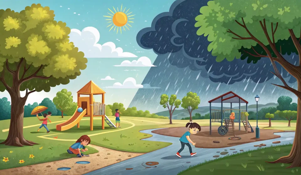 밝은 공원과 비 오는 도시 거리가 대비되는 분할 화면 이미지, 영어 대조 표현 'In contrast'와 'On the contrary'의 차이를 시각적으로 나타냄.