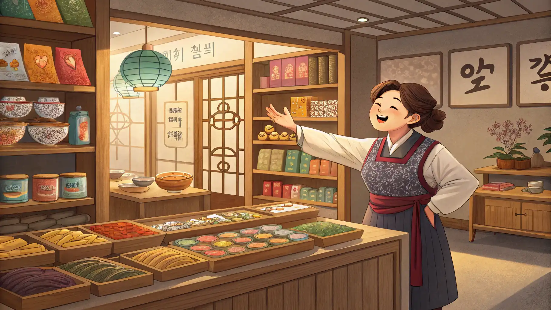 지역 특산품 매장에서 외국인 손님에게 영어로 상품을 설명하는 판매원