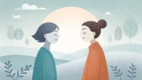 성 상담을 위한 영어 표현 학습을 상징하는 이미지: 두 사람이 마주보고 대화하는 모습과 소통 관련 아이콘들.