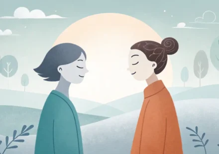성 상담을 위한 영어 표현 학습을 상징하는 이미지: 두 사람이 마주보고 대화하는 모습과 소통 관련 아이콘들.