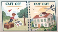 영어 표현 'Cut off'와 'Cut out'의 차이를 시각적으로 보여주는 썸네일. 끊어진 전화선 아이콘('Cut off')과 종이에서 모양을 오려내는 가위 아이콘('Cut ou...