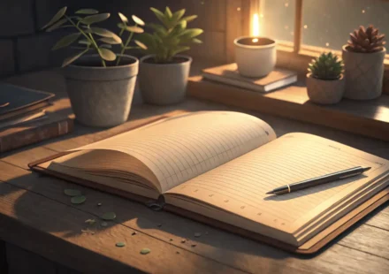 영어 일기 쓰기 방법을 알려주는, 펜이 놓인 빈 노트와 영어 학습을 상징하는 아이콘 이미지