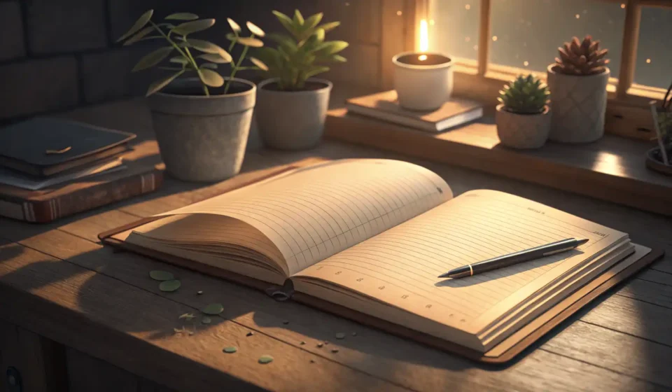 영어 일기 쓰기 방법을 알려주는, 펜이 놓인 빈 노트와 영어 학습을 상징하는 아이콘 이미지