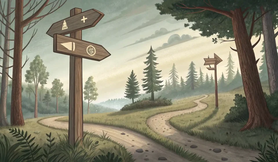 영어 표현 'But'과 'Yet'의 미묘한 뉘앙스 차이를 상징하는 갈림길 또는 표지판 이미지