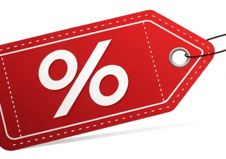 쇼핑 할인 관련 영어 표현을 나타내는 퍼센트 기호와 물음표 아이콘