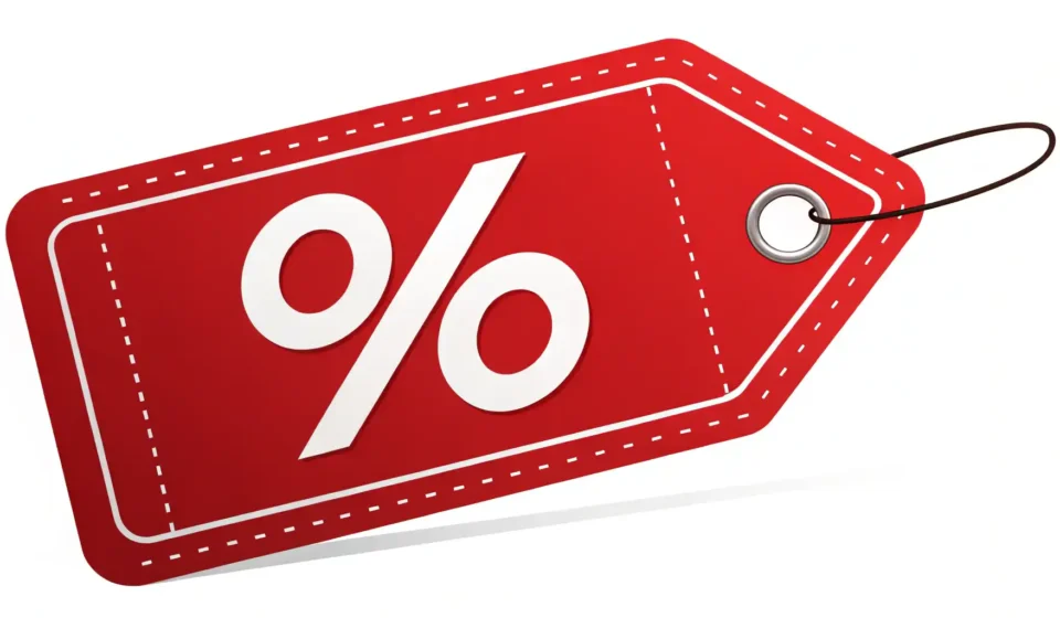 쇼핑 할인 관련 영어 표현을 나타내는 퍼센트 기호와 물음표 아이콘