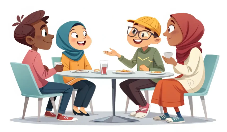 다양한 사람들이 테이블에 둘러앉아 활발하게 영어 토론 및 의견 교환을 하는 모습을 표현한 벡터 일러스트