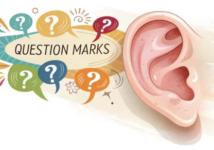 귀 모양 아이콘과 영어 표현 학습 및 이해를 상징하는 말풍선 이미지