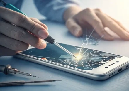 깨진 스마트폰을 수리하는 기술자의 손과 영어 회화 학습을 상징하는 아이콘 배경 이미지